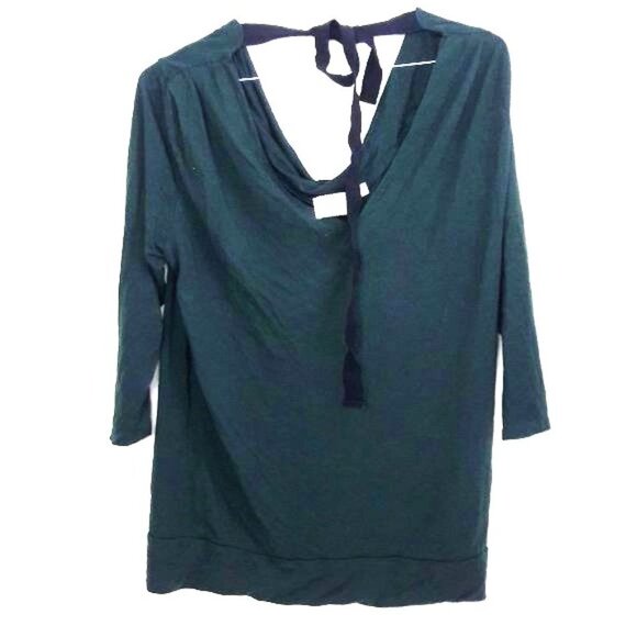 Anthropologie Postmark Tie Back Draped Blouse Top Deep Green & Black - Picture 1 of 7
